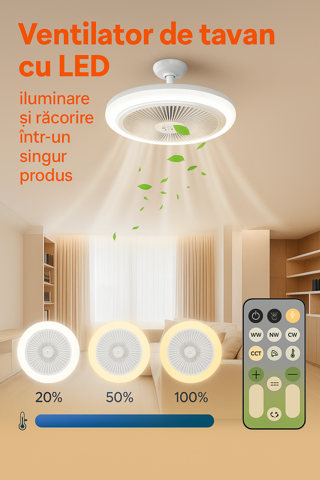 💡 Ventilator de Tavan cu LED și Telecomandă – 3 Viteze + Lumină Reglabilă