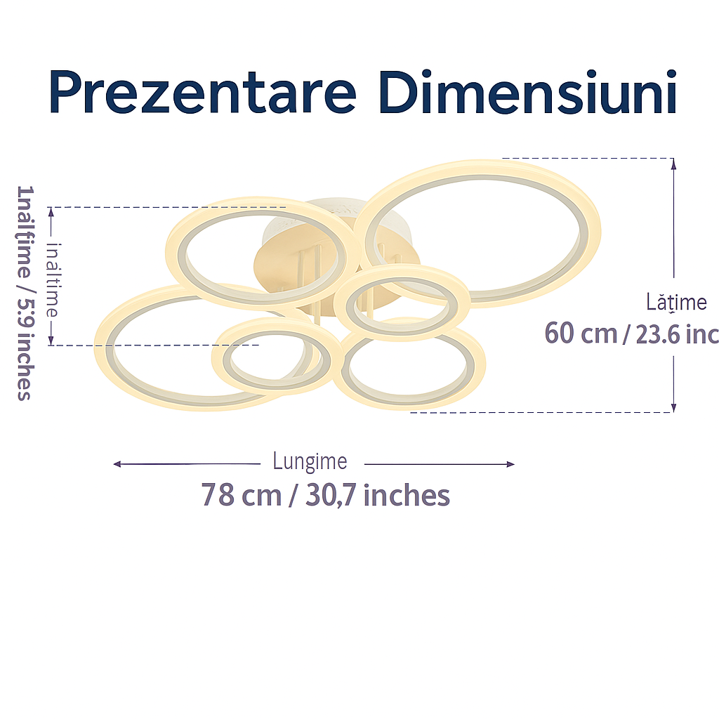 💡 Lustră LED cu 6 Inele și Telecomandă – Design Modern, Montaj Aplicat